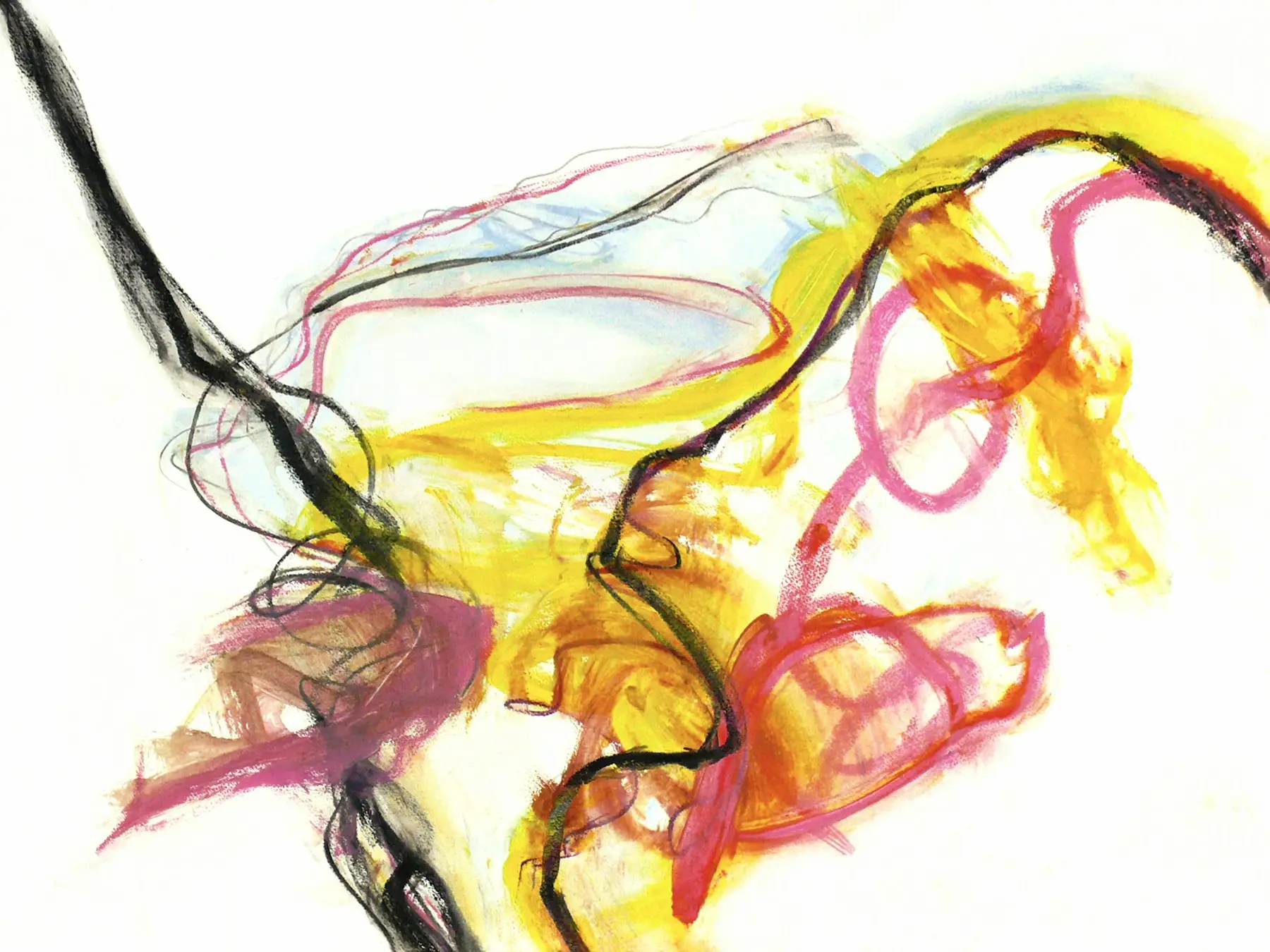 Loose yellow, pink, and black brushstrokes moving across white paper